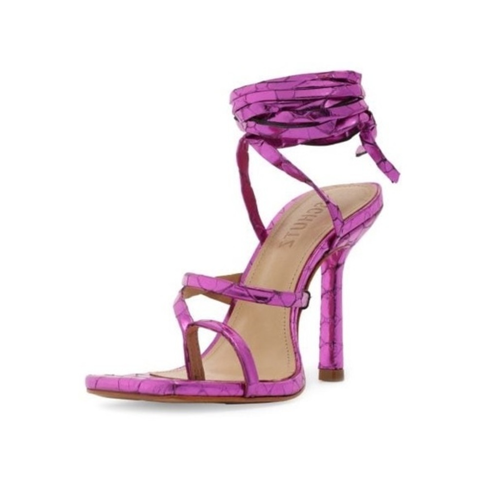 New!‼️ SCHUTZ
Lily Croc-Embossed Metallic Leather Ankle-Wrap Sandals